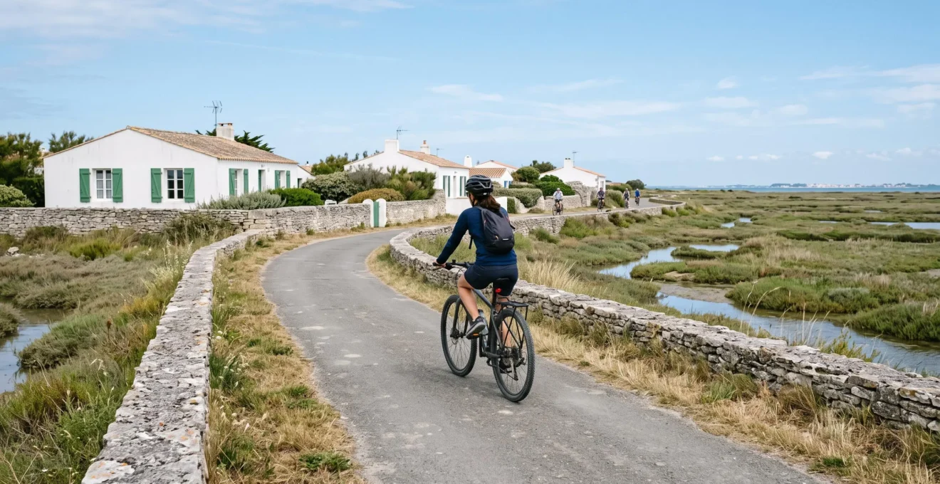 A cyclist rides along a flat bike path between salt marshes and whitewashed houses on a French island.