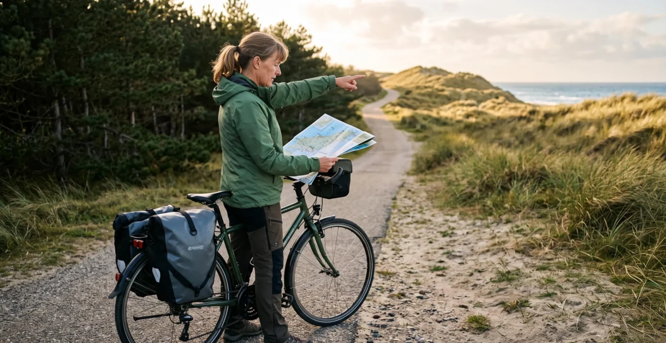 A woman standing beside her loaded bicycle checks a paper map on a coastal path in late afternoon light.